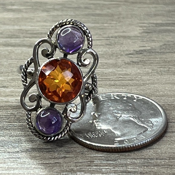 Nicky Butler One of a Kind SS Honey Quartz and Amethyst Multi Gem Scroll Ring - Picture 5 of 11